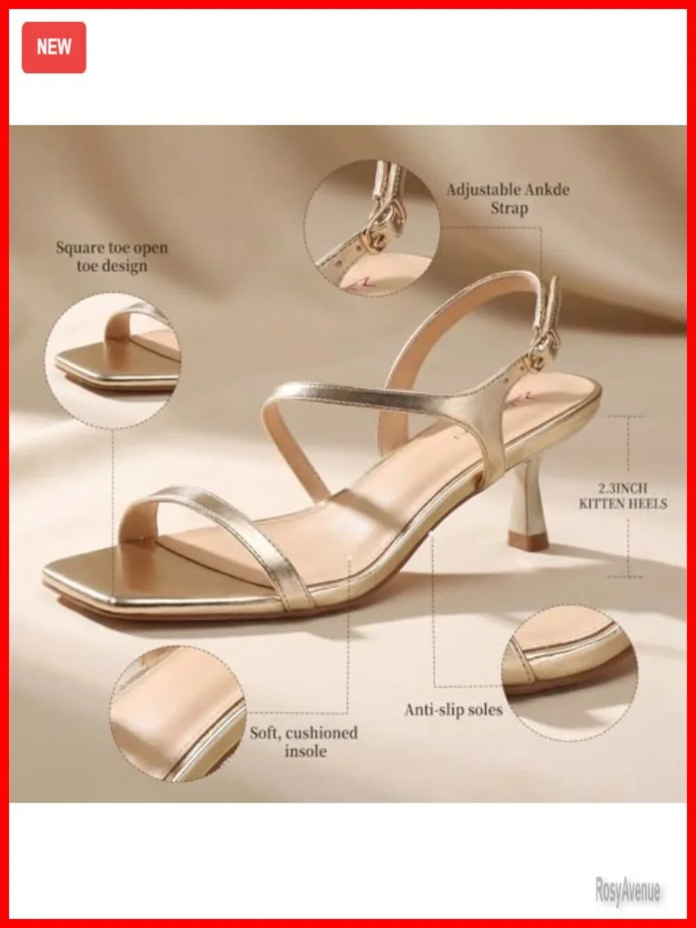 Strappy Kitten Heel Sandals Square Open Toe Low Heel Ankle Strap Comfortable